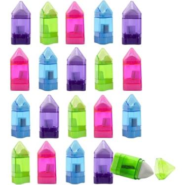 Imagem de Apontador de lápis manual Alroxo, 20 unidades com borracha – apontador de giz de cera de forma triangular com orifício único com receptáculo e borracha para escola, escritório e casa