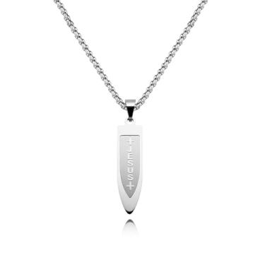 Imagem de Sudaporn Colar de Jesus com pingente de cruz para religião cristã, presente de batismo para homens, presente de confirmação de primeira comunhão, escudo de aço inoxidável, pingente de cruz de fé