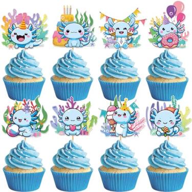 Imagem de Hokinaa Blue Axolotl Birthday Decorations - 24 Pcs Cute Cartoon Axolotl Cupcake Toppers Picks, Reptile Animals Theme Happy Birthday Party Cup Cake Topper, Photo Background Decor Supplies for Boys Kids