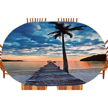 Imagem de Capa de mesa com encaixe no cais, prancha de madeira, palmeira tropical do oceano calmo e céu dramático, toalha de mesa impermeável interna/externa, pátio e cozinha, serve para mesa de 106,7 x 152,4