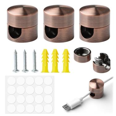 Imagem de Suportes de carregador para cabos 3 conjuntos, suporte de cabo de metal para criado-mudo cor cobre antigo, adesivos ajustáveis 2 em 1, clipes de cabo para gerenciamento de cabos para escritório, casa