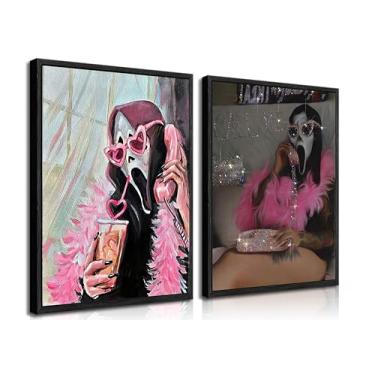 Imagem de 2 peças de máscara de fantasmas de Halloween emoldurada arte de parede rosa moderna acadêmica gótica romântica fantasma decoração de parede imagens de terror engraçadas cartazes em tela para corredor