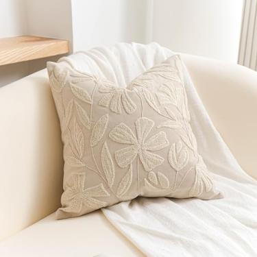 Imagem de BlissBlush Capa de almofada decorativa de veludo bege claro 50 x 50 cm, fronha texturizada macia com tufos florais neutros, fronha decorativa para sofá, cama, sala de estar