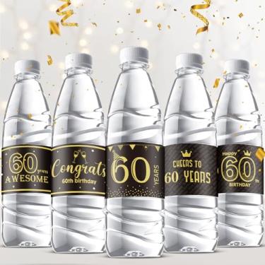 Imagem de Tenare 72 peças de decorações de festa de feliz aniversário de 60 anos preto e dourado mini embalagem de etiqueta de garrafa de água de vinho Cheers to Years Adesivos de aniversário para parabéns
