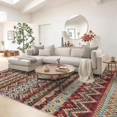 Imagem de COZYLOOM Tapete de área grande, 22 x 30,5 cm, vintage, antiderrapante, lavável e dobrável, tapete tribal retrô, revestimento interno macio que não cai, tapete impresso fino de pilha baixa para espaços