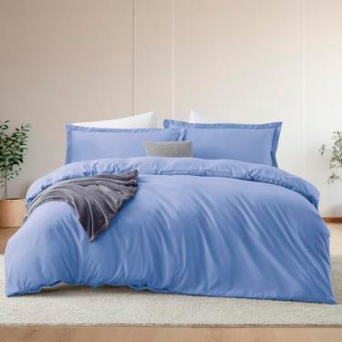 Imagem de Hearth & Harbor Conjunto de capa de edredom e lençol de cama queen size, azul calmo, conjunto de cama com 7 peças, macio escovado, inclui capa de edredom, lençol de cima, lençol com elástico, fronhas