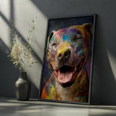 Imagem de Quadro Decorativo Pitbull Colorido Com Moldura Cachorro Pitbull Pop Art Colorido Divertido Quarto Infantil Sala Pet Felicidade Criativo Fofo