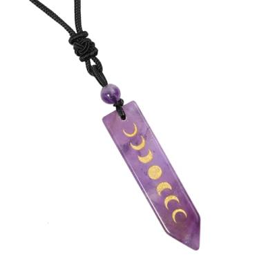 Imagem de SUNYIK Colar com pingente de ponto de lua e ponto de cristal natural com corda, colar de pedra gravada e lua crescente para mulheres e homens, Pedra de cristal ametista, Pedra de cristal ametista