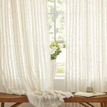 Imagem de Cortinas transparentes de linho para sala de estar, 203 cm de comprimento, cortinas de cortina semitransparentes com filtro de luz para quarto, conjunto de 2 painéis, cortinas de tule listradas com
