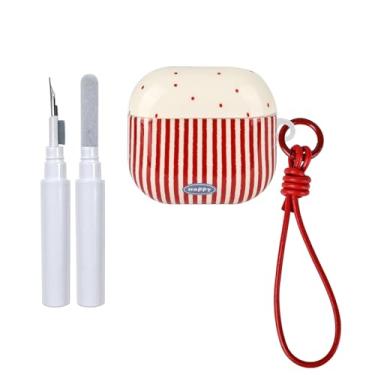 Imagem de Fycyko Capa protetora para AirPod 4ª geração com chaveiro listrado de bolinhas na moda bonita estética brilhante à prova de choque para AirPod 4 com kit de limpeza - vermelho
