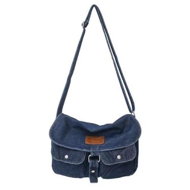 Imagem de Bolsa de ombro mensageiro jeans, bolsa de ombro azul Jean Hobo, bolsa tiracolo grande jeans retrô para mulheres e homens 2024, B - Azul escuro, One Size