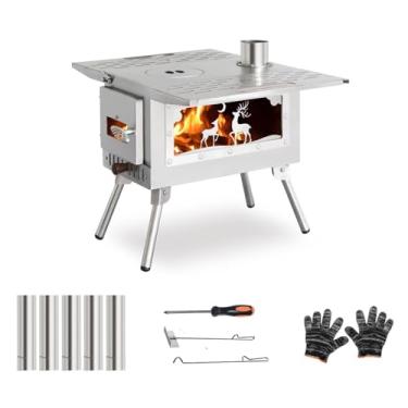 Imagem de Fogão de barraca de acampamento ao ar livre, fogão de acampamento portátil, fogão de aço inoxidável com tubo de chaminé para cozinhar ao ar livre, acampamento, acessórios para churrasco