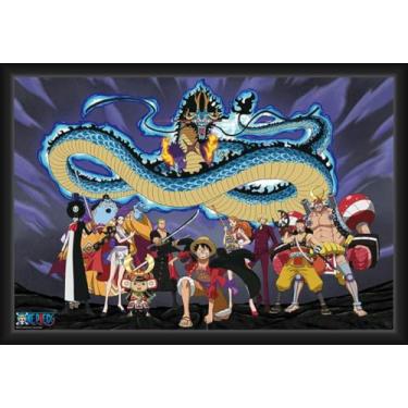Imagem de BUY ART FOR LESS Pôster de arte emoldurado oficialmente licenciado One Piece - The Crew vs Kaido - 61 x 91 cm - Moldura de madeira projetada resistente com vidro plexi - Pronto para pendurar