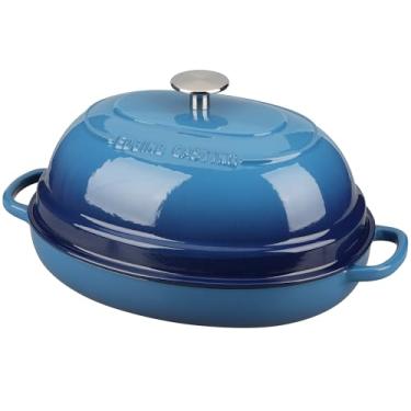 Imagem de EDGING CASTING Panela de forno holandês de ferro fundido oval esmaltado com tampa, forno holandês de pão para assar pão de fermento, 6 litros, azul lago