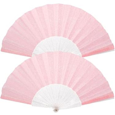 Imagem de SiissaPeksid Pacote com 2 leques de mão femininos com glitter com nervuras transparentes brilhantes – Ideal para casamento, igreja, festival, dança, festa de formatura, clube e acessórios EDM, rosa