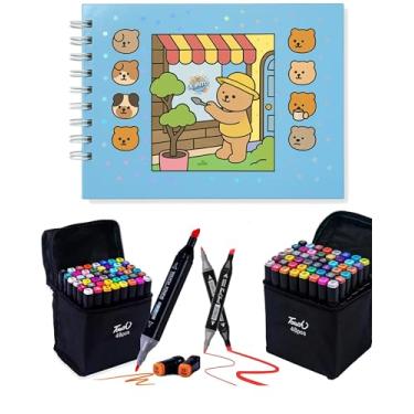 Imagem de Livro Colorir com Canetinhas Kit Livro De Pintura Azul + 48 Canetas Ponta Dupla Marcadora Canetinhas para Colorir Capa Dura Holográfica com Acetato 50 desenhos A5