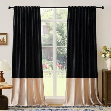 Imagem de Cortinas de veludo para sala de estar preto champanhe bege 183 cm de comprimento, 2 painéis, cortinas blackout modernas com bloco de cores, bolso traseiro para varão, cortinas à prova de som, para