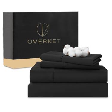 Imagem de Overket Jogo de lençóis de algodão egípcio de 1000 fios, tamanho Queen, 4 peças, trama de cetim, macio, respirável, bolso profundo de 40,6 cm (Queen, preto)