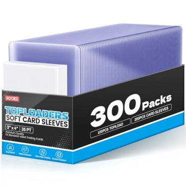 Imagem de Carregadores superiores de 300 capas para cartas, protetores de cartão de beisebol premium Sooez 35PT 7,6 cm x 10,2 cm (100 carregadores superiores + 200 mangas centavos)