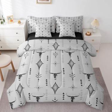 Imagem de Erosebridal Jogo de lençol Queen com caveira de touro, 7 peças, boêmio, étnico, cabeça de vaca, geométrico, arte estética, decoração de quarto, chifres tribais, cinza