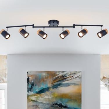 Imagem de Iluminação de pista preta, 6 luzes, feixes flexíveis e holofotes de rotação, luzes de trilho de madeira natural para cozinha, quarto, armário, exposição de arte