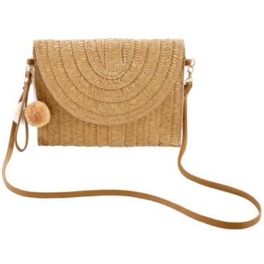 Imagem de Bolsa de ombro de palha, bolsas transversais de tecido, bolsa de palha feita à mão, bolsas carteira, bolsa clutch de vime com duas bolas para mulheres, Marrom, 1