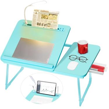Imagem de CloudTrip Mesa de laptop ajustável Plus XL com luz, porta USB, suporte para iPad, armazenamento de gaveta – mesa de colo ajustável maior de 59 cm para cama, escritório em casa, bandeja de café da