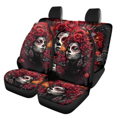 Imagem de Bulopur Capas de assento de carro Sugar Skull Girl conjunto completo de 4 peças capas de assento automotivo capa de almofada concha de veículo com encosto alto tecido elástico fácil de instalar