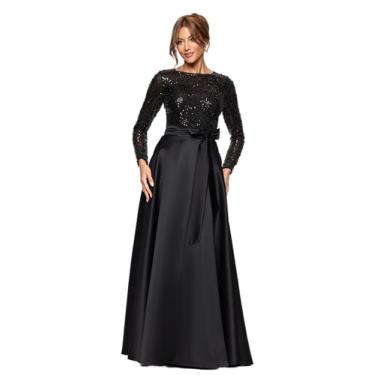 Imagem de Xscape Vestido feminino de cetim de manga comprida com corpete de lantejoulas e laço evasê, Preto, 40