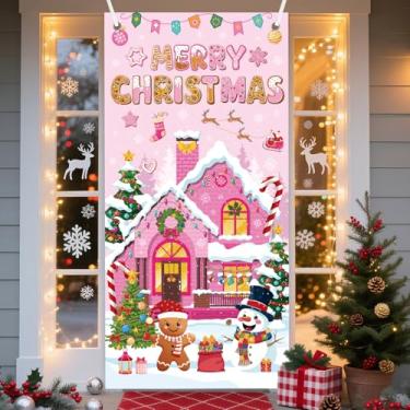 Imagem de Inisajace Capa de porta de Natal de pão de gengibre - decorações de porta de Natal rosa, placa de cobertura grande para porta da frente de doces de gengibre, faixa de fundo de feriado feliz natal