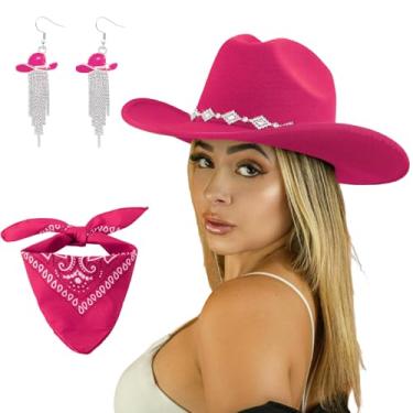 Imagem de JIANGLAI Chapéu de cowgirl ocidental para mulheres e homens, chapéu de cowboy Fedora de aba larga com strass e brincos de borla de vaqueira, Rosa choque, tamanho �nico
