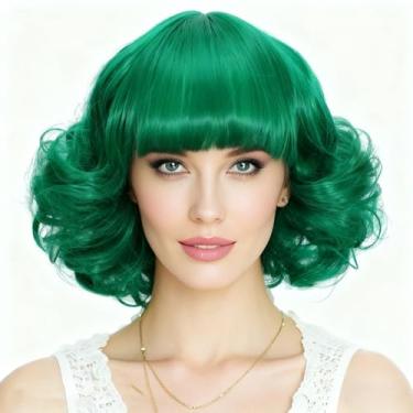 Imagem de Peruca Bob curto verde com franja para mulheres perucas de cabelo natural encaracolado sintético para fantasia cosplay uso diário (verde)