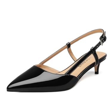 Imagem de WAYDERNS Sapato social feminino com salto gatinho, bico fino, fechado, confortável, salto baixo, tira elegante, para casamento, escritório, formatura, festa, 3,8 cm, Preto, 37