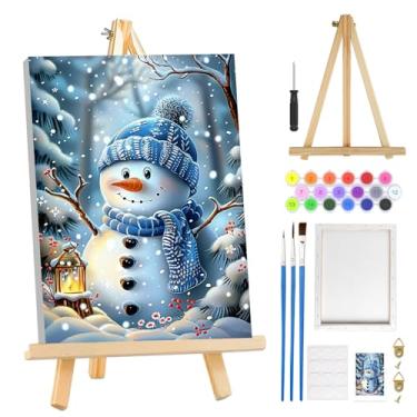 Imagem de MOGTAA Kit de pintura de Natal por números para adultos iniciantes com moldura, kits de pintura por números de boneco de neve de Natal em tela com cavalete, kits de pintura a óleo de inverno fáceis de
