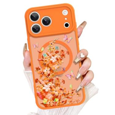 Imagem de AIGOMARA Capa magnética para 17 Pro [compatível com MagSafe] linda capa de telefone laranja aquarela floral padrão borboleta para mulheres Gilrs TPU macio e PC capa protetora traseira fina