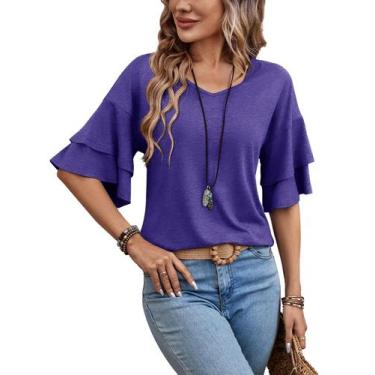 Imagem de Camiseta feminina Sialois de manga curta com decote em V, blusa roxa