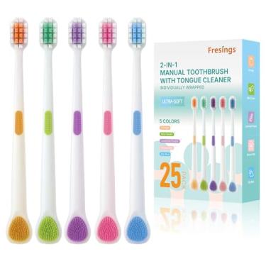 Imagem de Fresings Pacote familiar de escova de dentes ultramacia, pacote com 25 para adultos e crianças – Cuidados com gengivas sensíveis com raspador de língua 2 em 1, embalado individualmente para viagens e