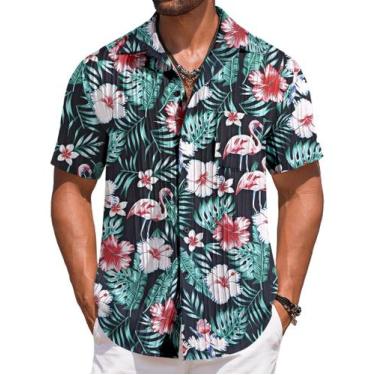 Imagem de Camisa masculina COOFANDY tropical havaiana de manga curta preta