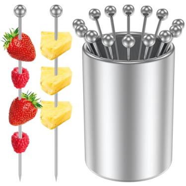 Imagem de Conjunto de palitos de coquetel com suporte de aço inoxidável de 10,5 cm palitos de coquetel reutilizáveis palitos de coquetel multiuso espetos de aperitivo para sanduíches churrasco lanches coquetéis