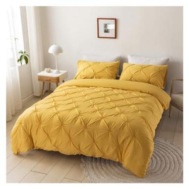 Imagem de Conjunto de edredom confortável de solteiro e duplo plissado de cor sólida (amarelo, casal, 3 peças)