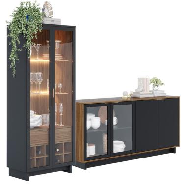 Imagem de Kit Para Sala de Jantar Buffet Áustria C04 com Cristaleira Malibu Preto Noce Milano - Lyam Decor