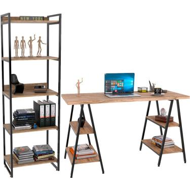 Imagem de Kit Mesa Cavalete 135 cm com Estante 5 Prateleiras Estilo Industrial Form C01 Carvalho - Lyam Decor