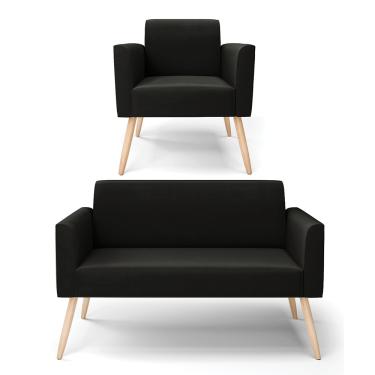 Imagem de Sofá Namoradeira com Poltrona Pés Palito Natural Marisa Suede Preto D03 - D?Rossi