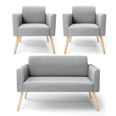 Imagem de Sofá Namoradeira com 2 Poltronas Pés Palito Natural Marisa Suede Cinza D03 - D?Rossi