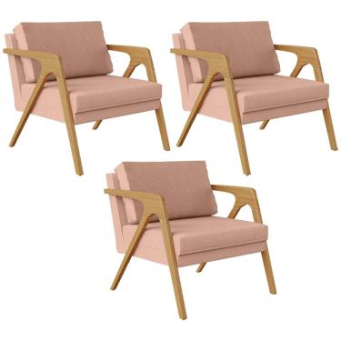 Imagem de Kit 03 Poltronas Decorativas Para Sala Estar Pietra Estrutura De Madeira L02 Linho Rosê - Lyam Decor