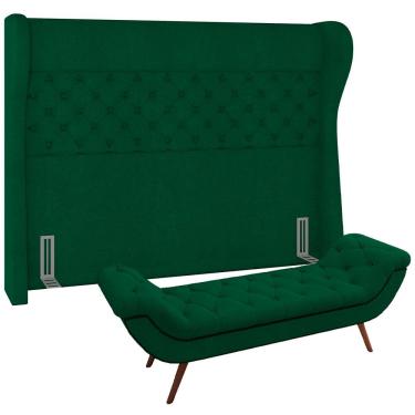 Imagem de Kit Cabeceira Cama Box Casal 140 cm Madrid com Puff Recamier Santorini Bouclê Verde - Lyam Decor