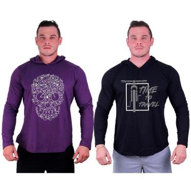 Imagem de Kit 2 Camisetas Manga Longa com Touca Longline Estampada Treino Academia Lazer Casual-Masculino