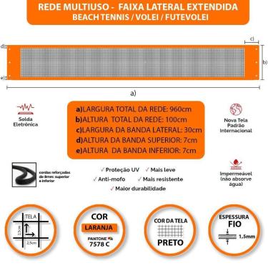 Imagem de Rede Multiuso Zaka Volei Beach Futevolei com banda lateral Laranja 9,60m x 1m-Unissex