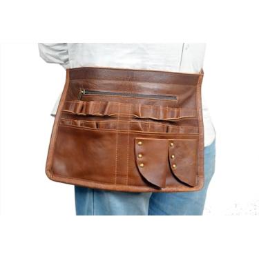 Imagem de HEAVEN HUSH Avental de cintura de couro genuíno com bolsos – Organizador de cinto de ferramentas de barbeiro profissional ajustável para tesouras, pentes e grampos de cabelo, avental de cabeleireiro