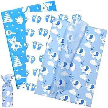 Imagem de Papel de seda azul bebê 50,8 x 35,5 cm, 60 folhas grandes de papel de embrulho de presente para presente e embalagem, tecido artístico com estampa de nuvem de pegada de elefante fofo para chá de bebê